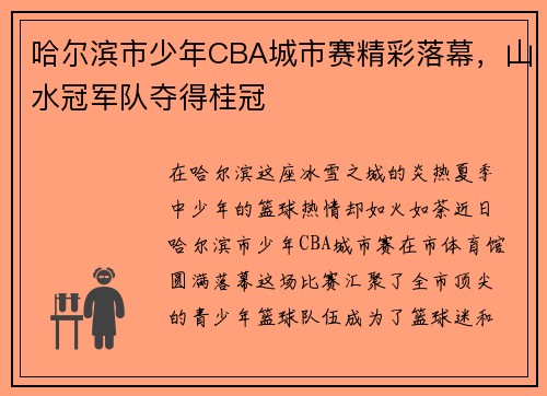 哈尔滨市少年CBA城市赛精彩落幕，山水冠军队夺得桂冠